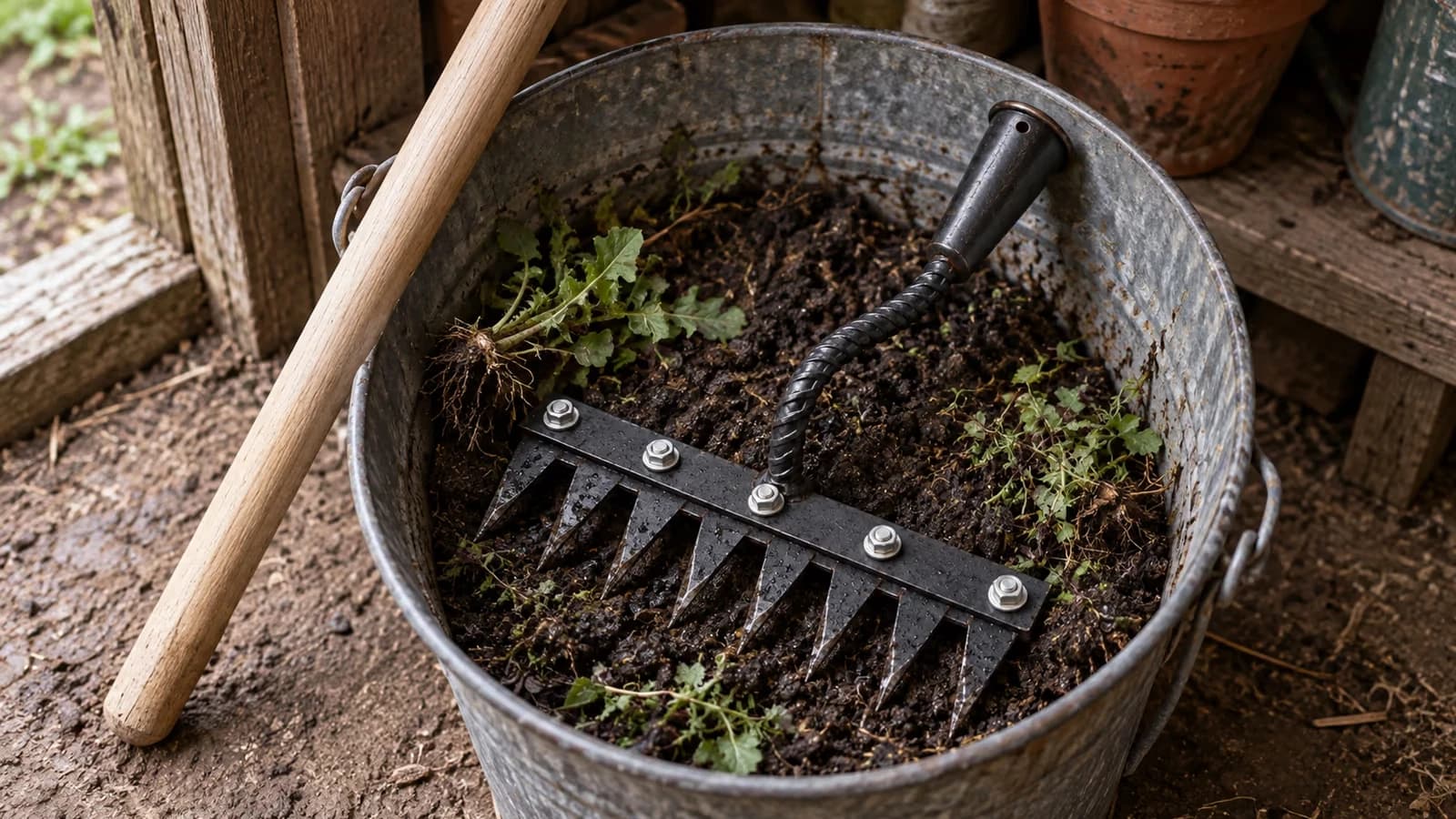 Griffe de désherbage au fond d'un seau de jardin, dents couvertes de terre humide, manche en bois posé en travers du bord