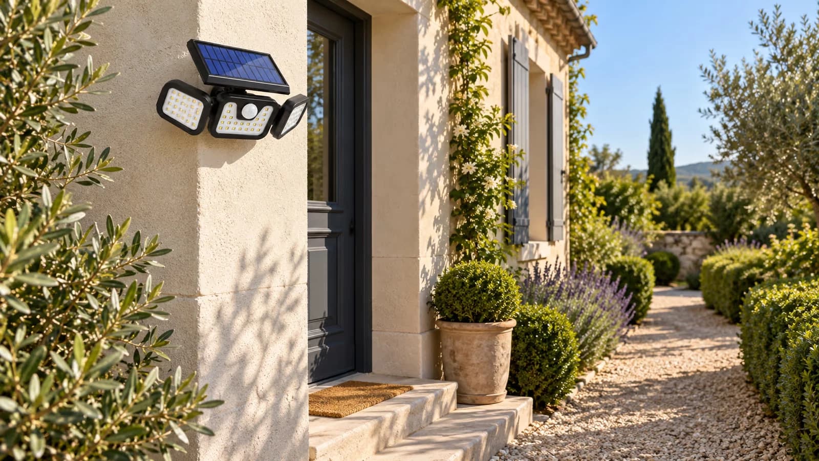 Spot solaire noir à trois têtes orientables fixé à l'angle d'un mur de façade, panneau supérieur dégagé et faisceaux dirigés vers une entrée
