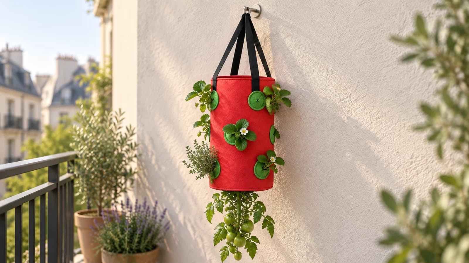 Sac de plantation suspendu en feutre rouge à treize poches garnies de fraisiers, accroché au mur clair d'un balcon, une tomate descendue sous le fond