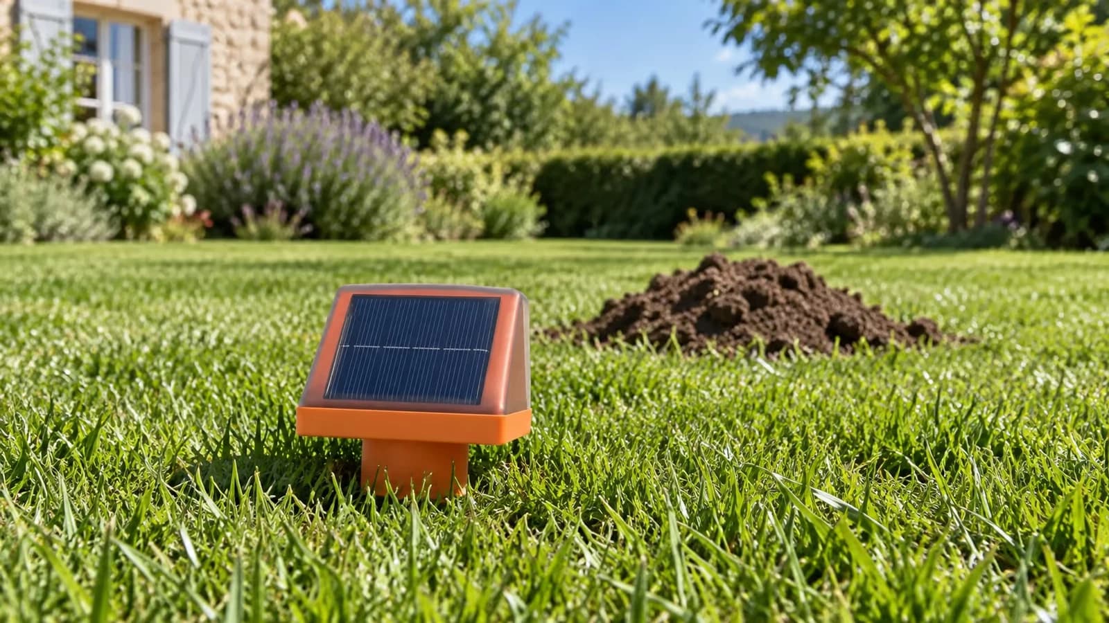 Tube noir en spirale vissé dans une pelouse, boîtier orange à panneau solaire incliné au-dessus de l'herbe, taupinière fraîche à proximité