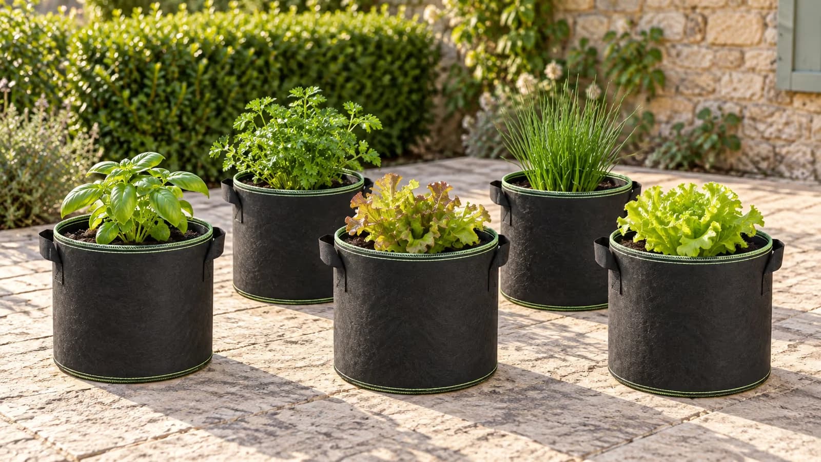 Cinq sacs de culture en tissu noir alignés sur une terrasse, plants jeunes dans chaque sac, lumière du matin