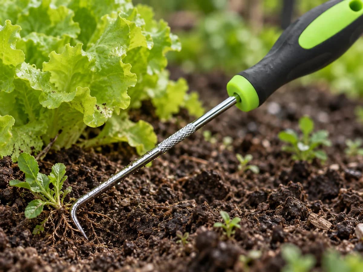 Gros plan sur la pointe fine en J d'un crochet extracteur, tige polie, plantée dans une terre foncée légèrement humide au pied d'une salade