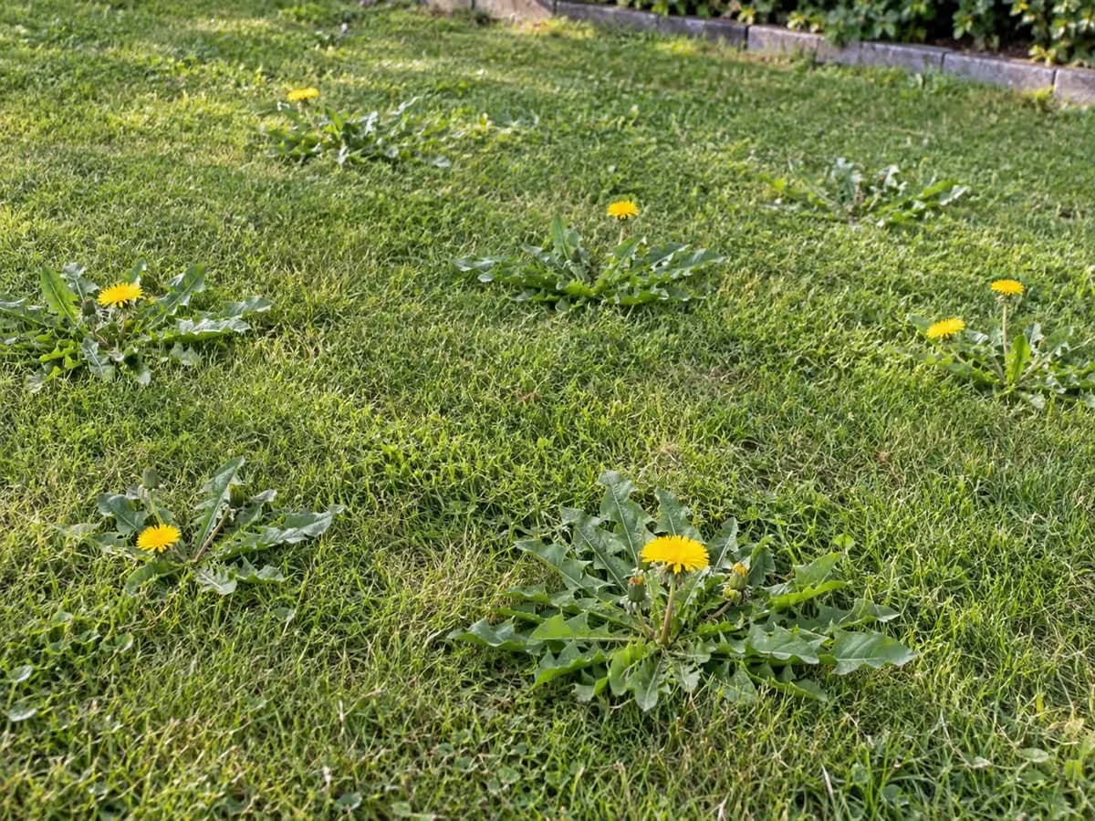 Pelouse tondue au printemps semée de rosettes de pissenlits jaunes et vertes, vue en plongée légère, gazon court, lumière du matin