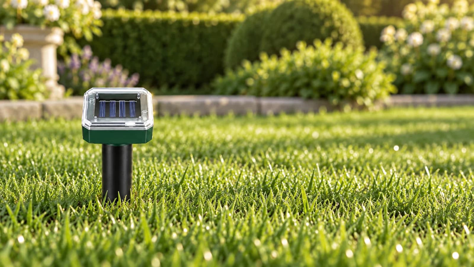 Piquet répulsif solaire au capuchon transparent planté dans une pelouse rase, boîtier vert foncé au-dessus de l'herbe