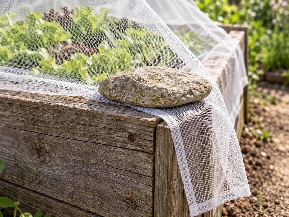 Pierre plate posée sur le rebord d'un carré potager en bois pour lester un filet blanc
