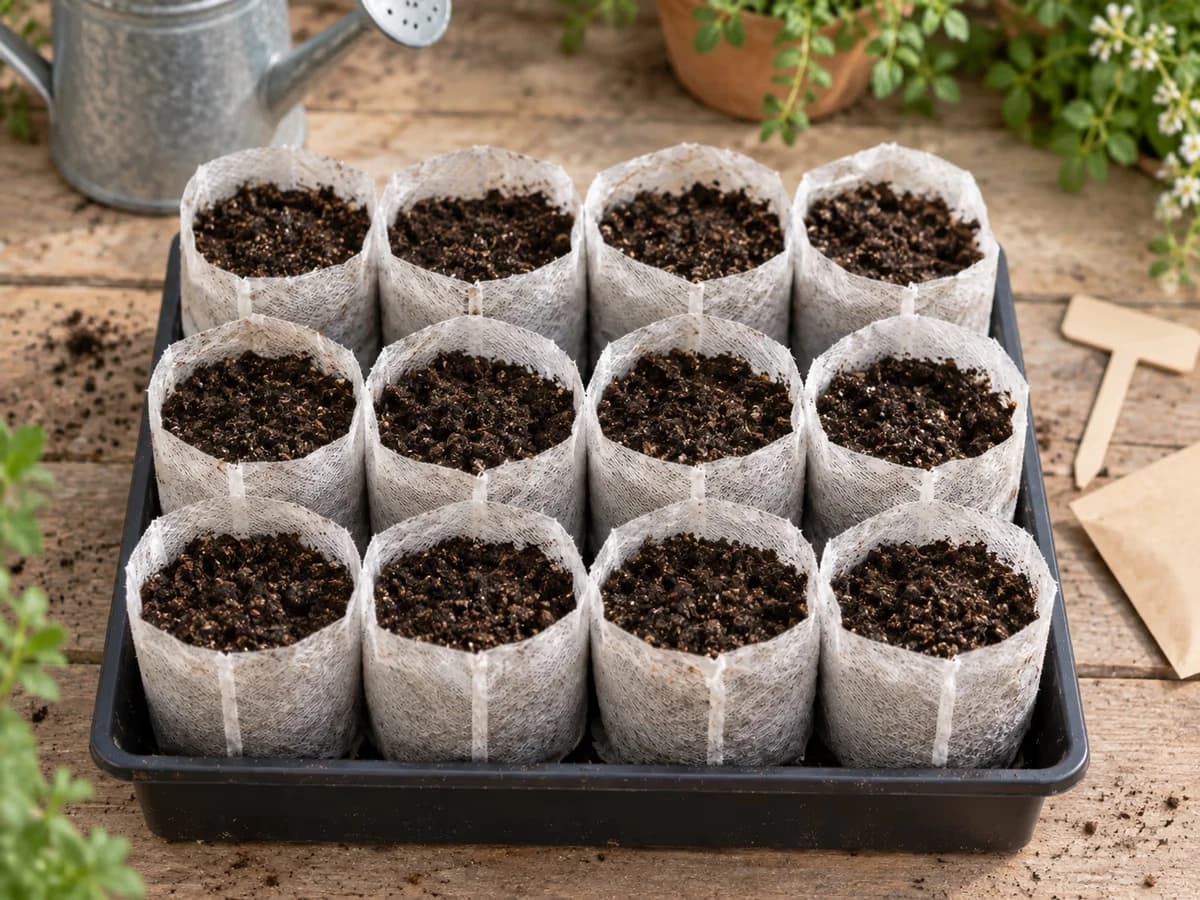 Douze sachets de semis 7 x 9 cm remplis de substrat noir, alignés en trois rangées dans un plateau de pépinière