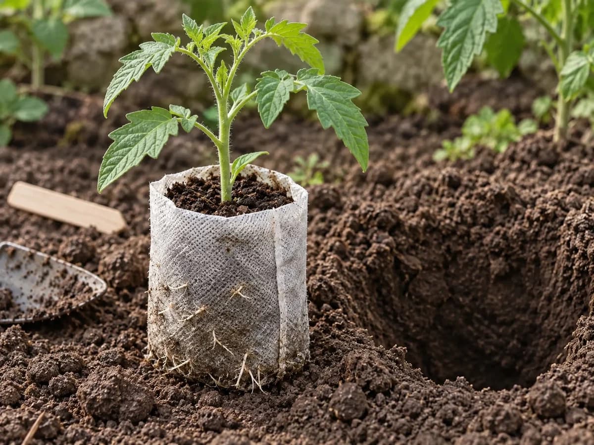 Motte de jeune plant de tomate encore dans son sac de semis, racines blanches et fines traversant la paroi, posée au bord d'un trou de plantation en terre brune