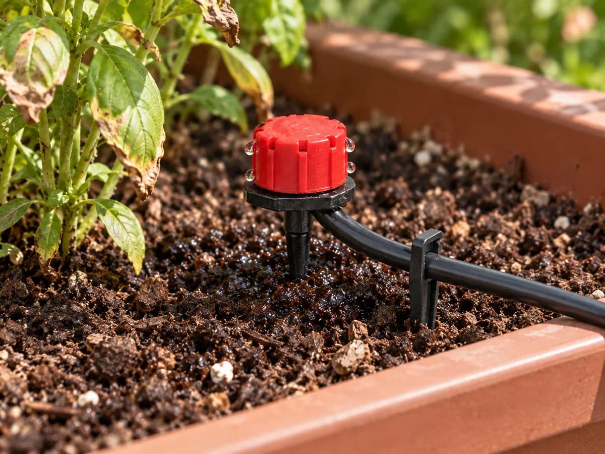Goutteur rouge sur piquet dans une jardinière, terreau sombre autour du point d'eau et feuillage sec