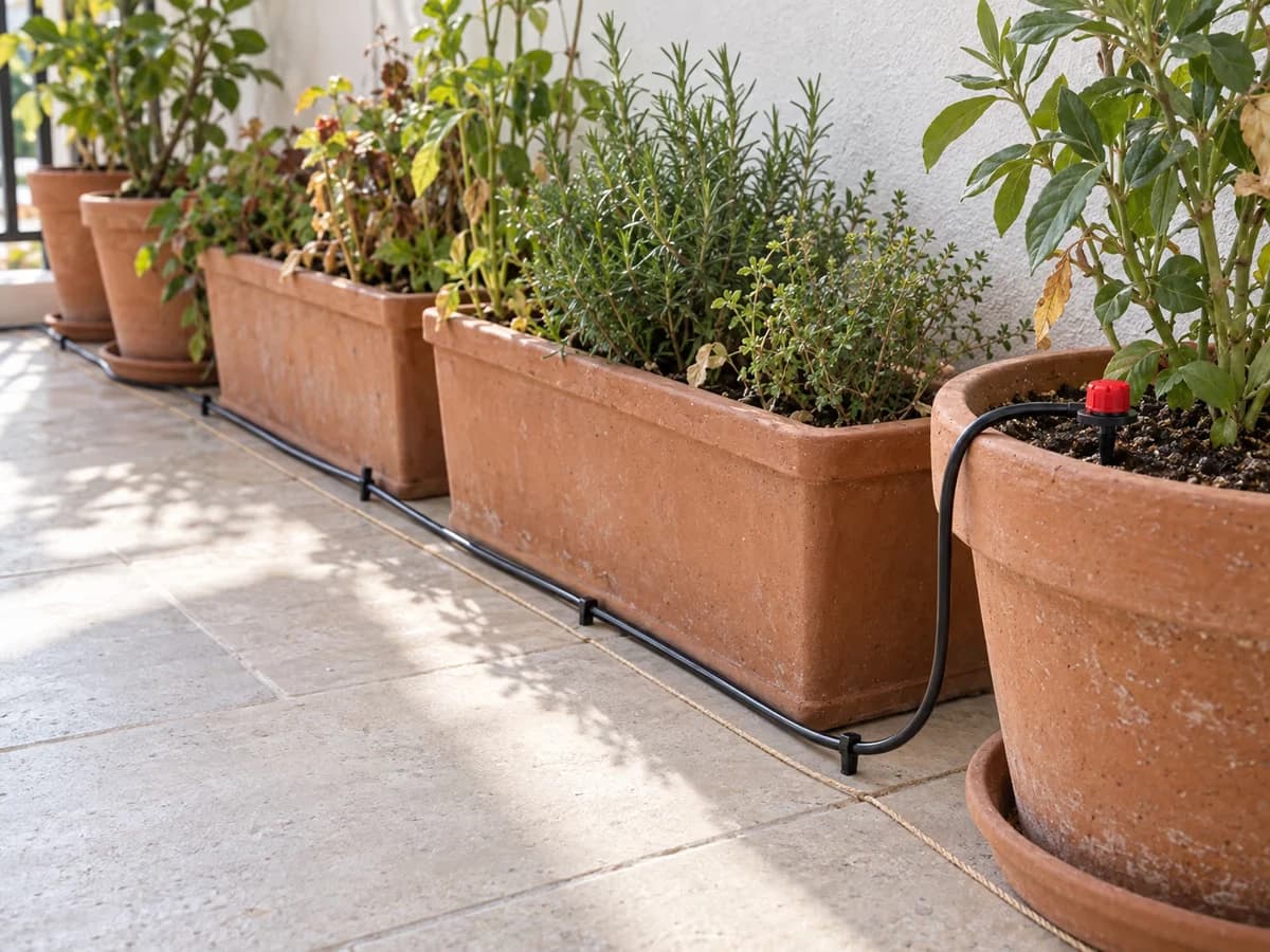 Tuyau noir déroulé au pied de pots en terre cuite et de jardinières le long d'un mur clair