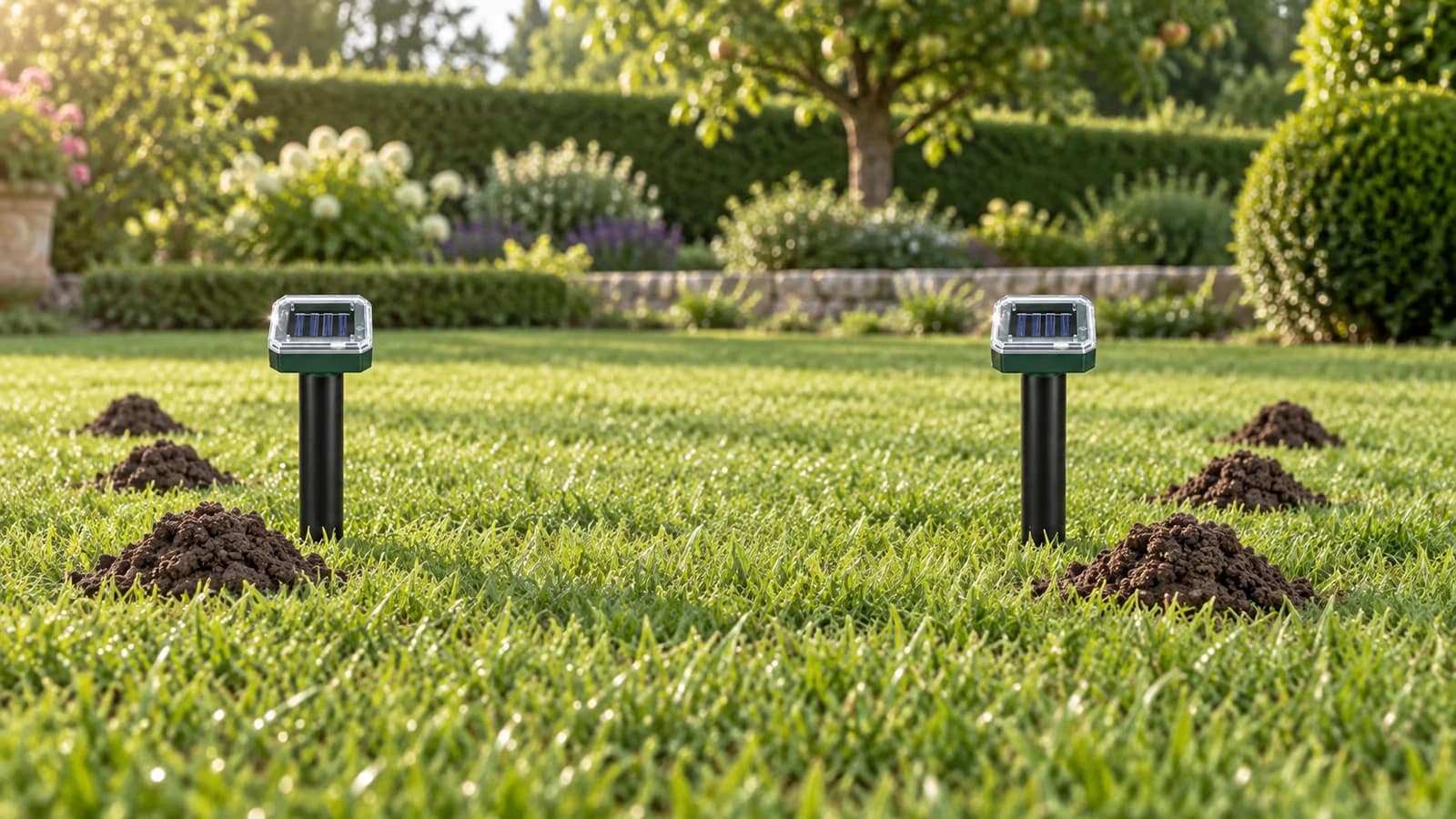 Deux piquets répulsifs solaires plantés à bonne distance l'un de l'autre sur une pelouse rase, chacun près d'une ligne de taupinières fraîches, lumière du matin