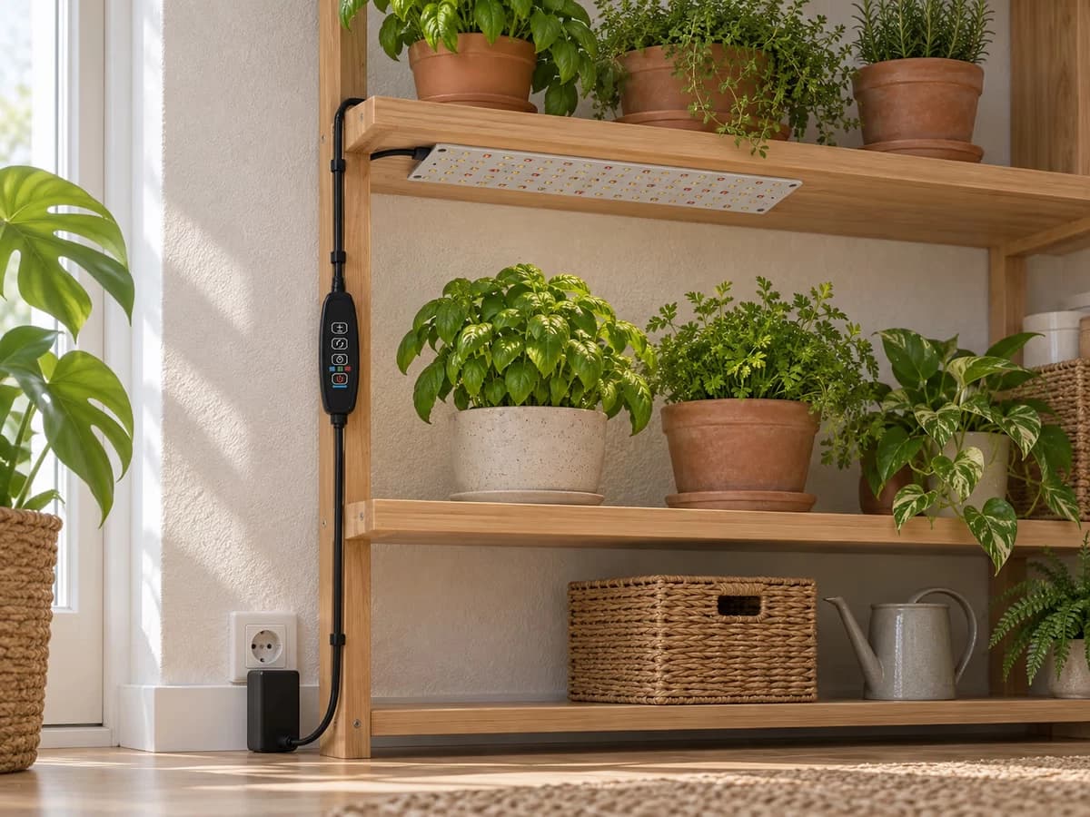 Réglette horticole fixée sous une tablette avec câble guidé le long du montant et bloc éloigné des soucoupes