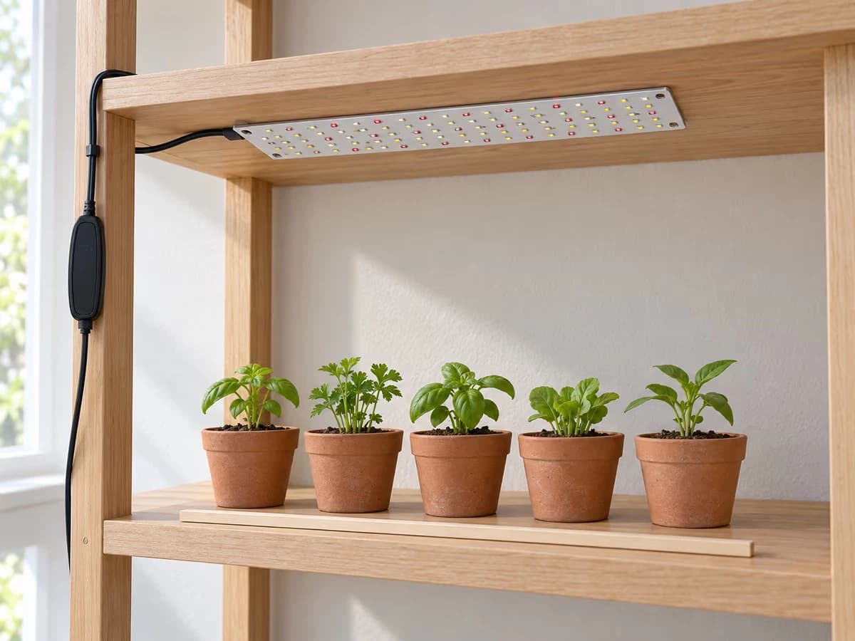 Étagère vide avec réglette plate centrée au-dessus d'une rangée de pots bas et repères de largeur sans texte