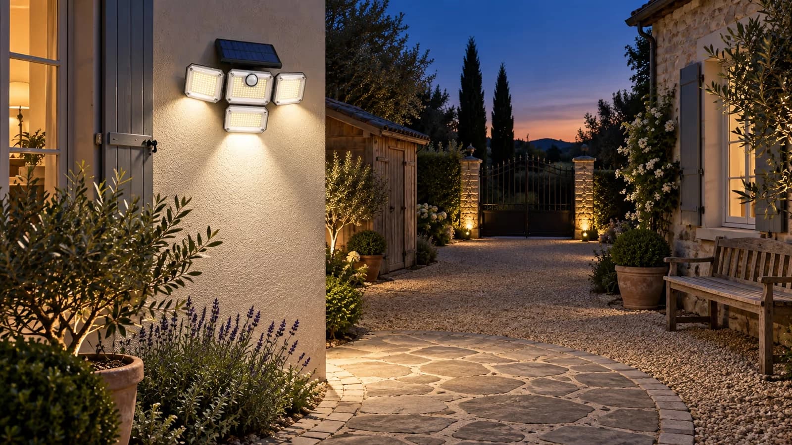 Cour de maison en gravier à la tombée du jour, luminaire solaire noir à quatre têtes fixé sur un mur crépi et allée qui s'enfonce vers le portail