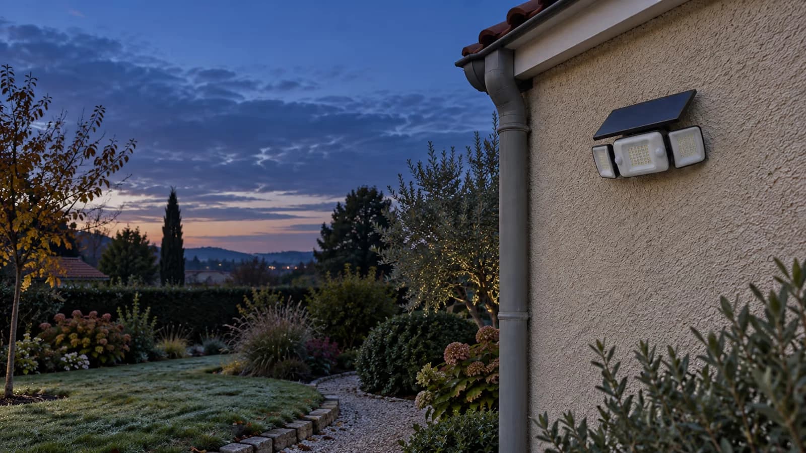 Lampe solaire à trois têtes fixée sur un mur de jardin, éteinte avant l'aube, herbe humide au premier plan