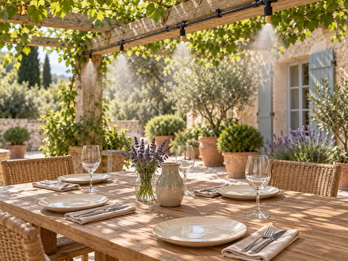 Table de repas dressée sur une terrasse ombragée, verres et couverts prêts, végétation en arrière-plan