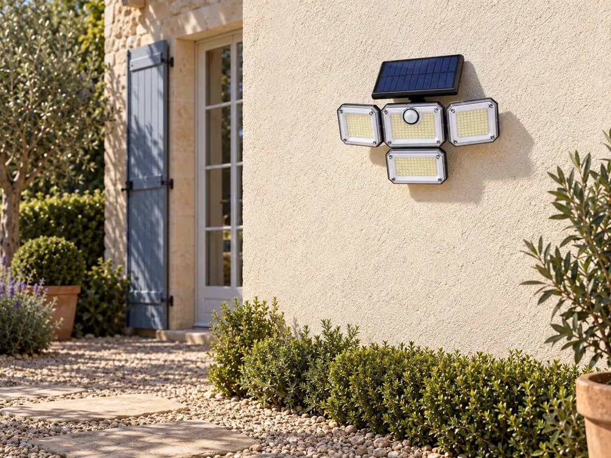 Mur crépi exposé au soleil de l'après-midi avec luminaire solaire fixé à environ 2,50 m et cour en gravier en contrebas