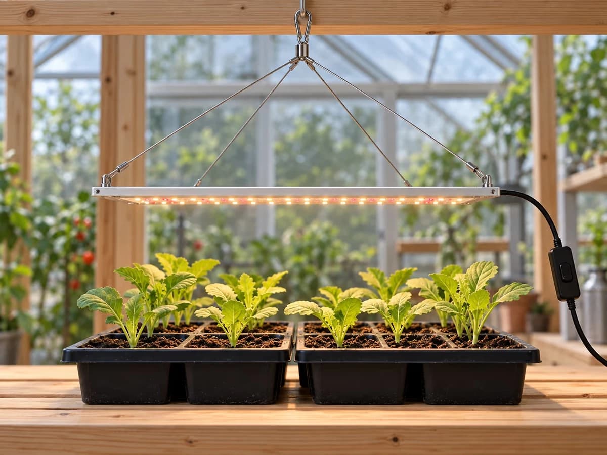 Vue latérale d'un panneau horticole horizontal suspendu au-dessus de plateaux de semis, avec une distance nette jusqu'au sommet des plants