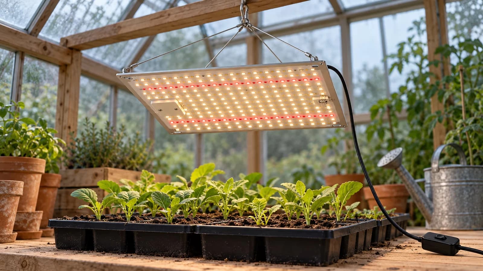 Panneau horticole plat suspendu par quatre câbles au-dessus de plusieurs plateaux de jeunes plants dans une serre fermée