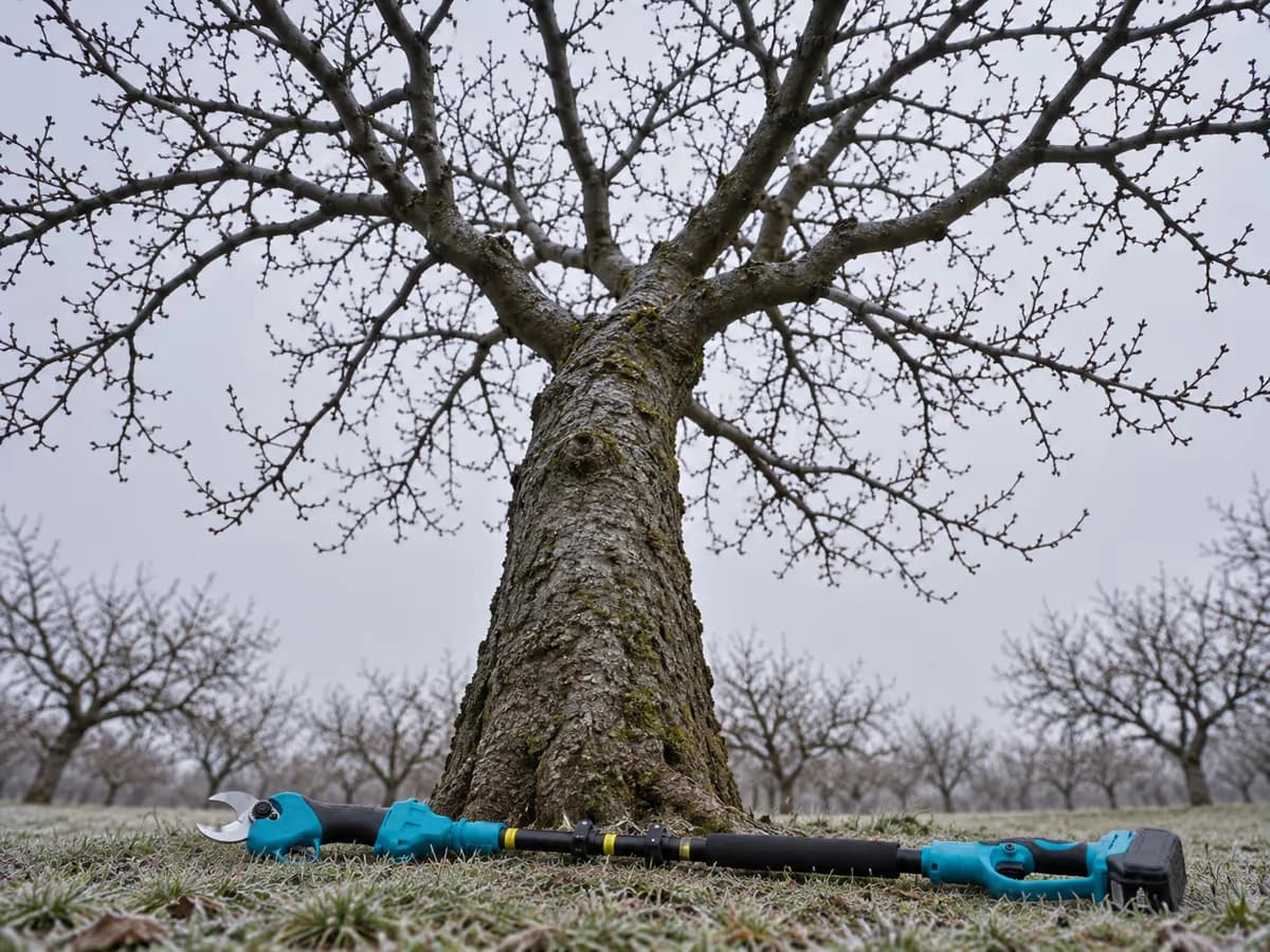 Fruitier en dormance vu du sol, branches nues étirées vers le ciel gris d'un matin d'hiver