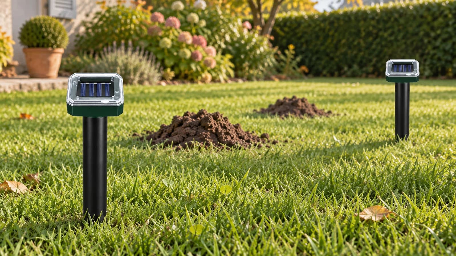 Deux piquets répulsifs solaires plantés à distance dans une pelouse rase, près de taupinières fraîches, lumière du matin
