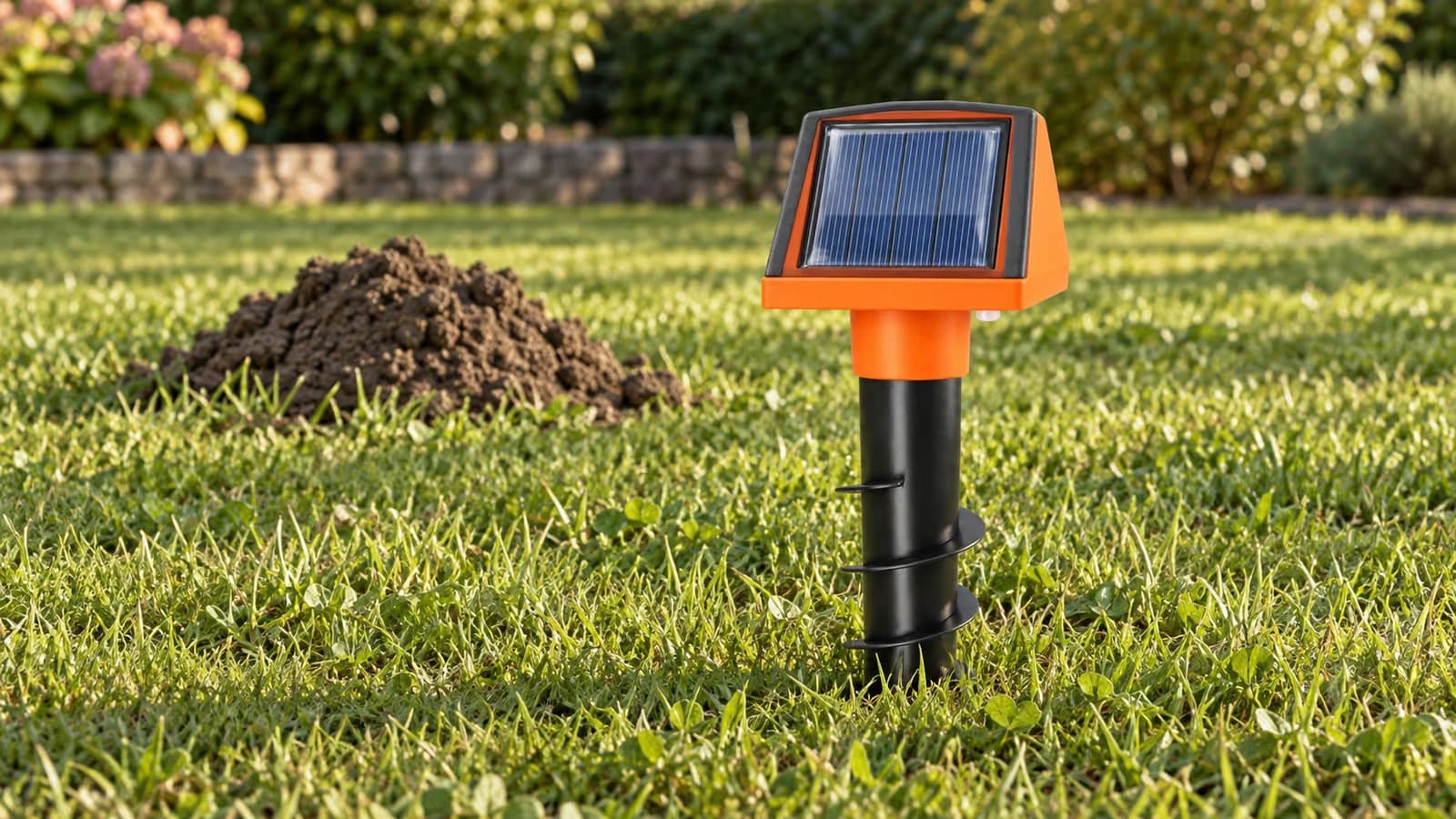 Tube répulsif solaire noir vissé dans une pelouse, boîtier orange au-dessus du gazon, taupinière fraîche à quelques pas