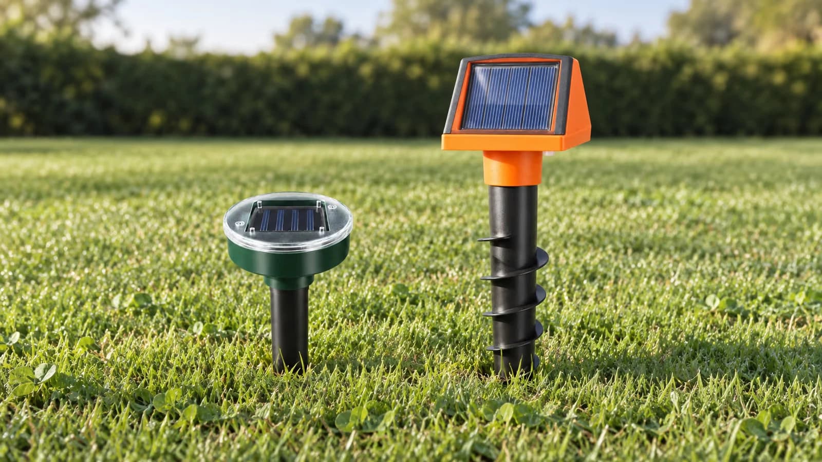 Tube répulsif en spirale et piquet droit côte à côte sur une pelouse tondue, boîtiers solaires orientés vers la lumière