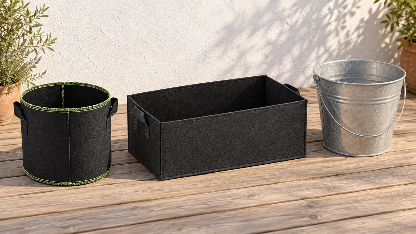 Trois contenants vides alignés sur une terrasse claire : un pot en tissu noir de 25 cm, un bac textile rectangulaire et un grand seau