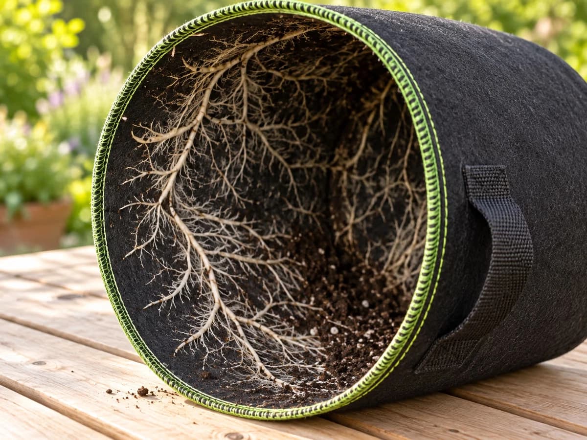 Vue rapprochée d'un pot en tissu ouvert avec racines blanches fines visibles au contact du feutre noir