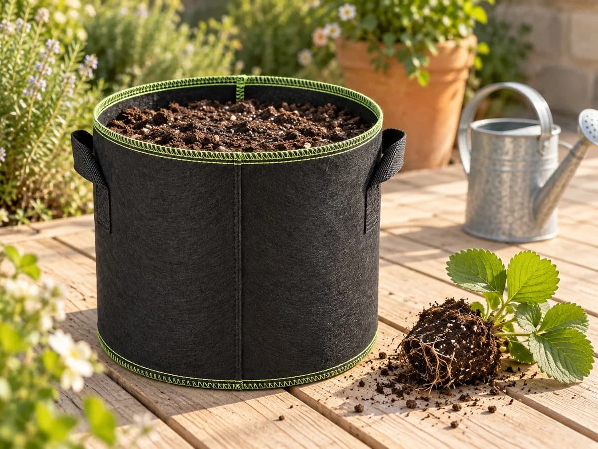 Pot en tissu 11 litres rempli de terreau brun sur une terrasse en bois, avec jeune plant de fraisier en cours d'installation