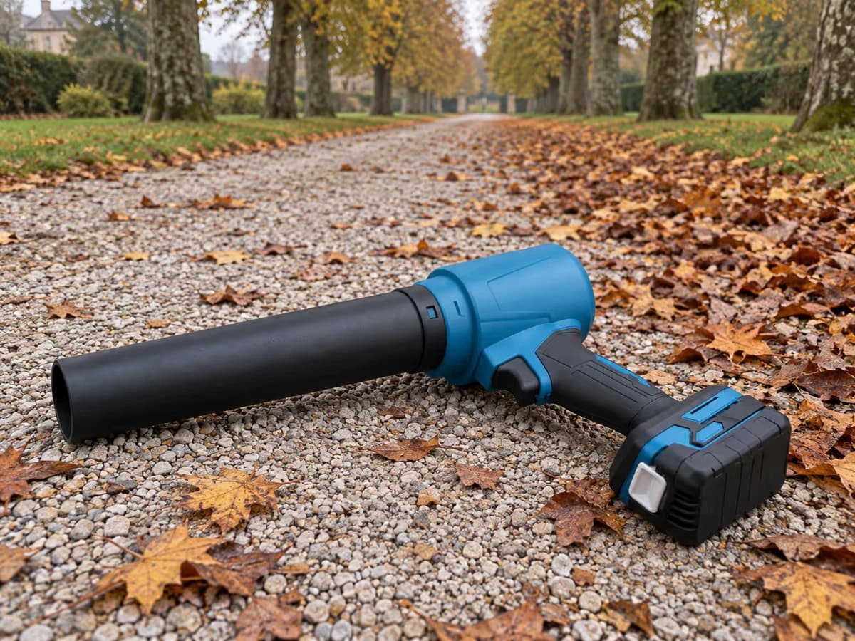 Souffleur sans fil posé au sol dans une allée bordée d'arbres, feuilles brunes et rousses étalées sur le gravier