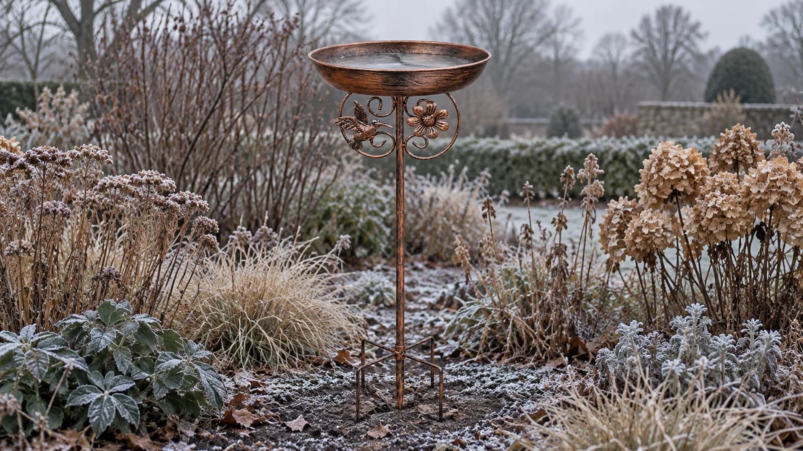 Vasque de métal patiné sur sa tige dans un massif, fine couche de glace au fond, givre, lumière basse de décembre