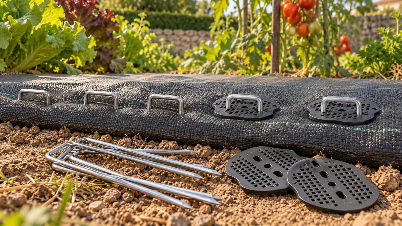 Crampons en U et rondelles d'appui posés sur une toile de paillage noire au bord d'un rang de potager