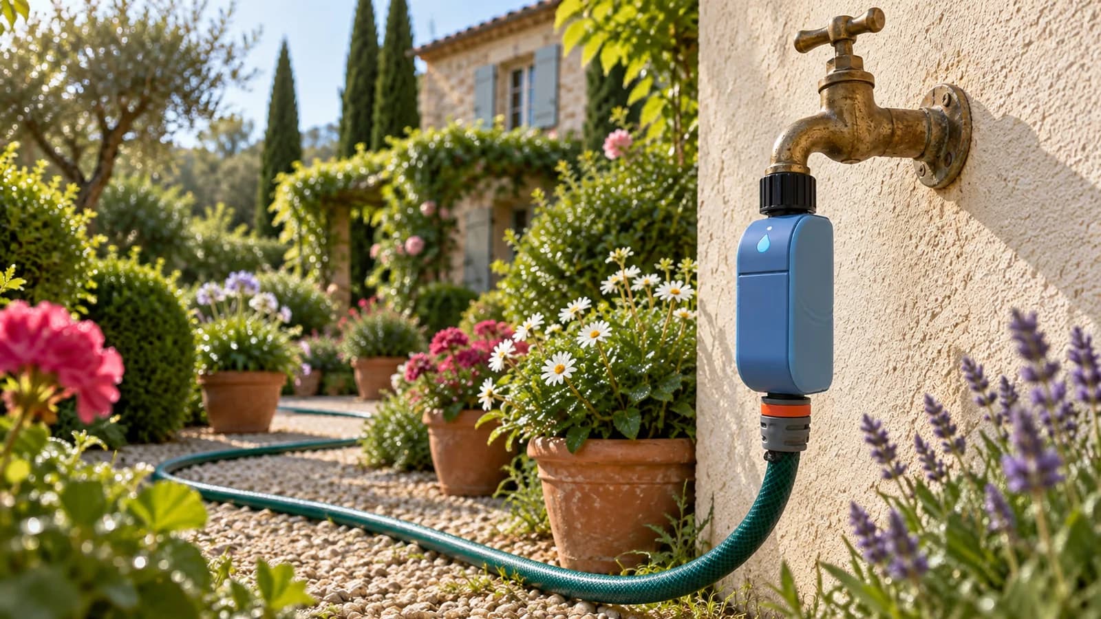 Programmateur d'arrosage connecté vissé sur un robinet extérieur, tuyau partant vers des jardinières fleuries, lumière rasante du matin