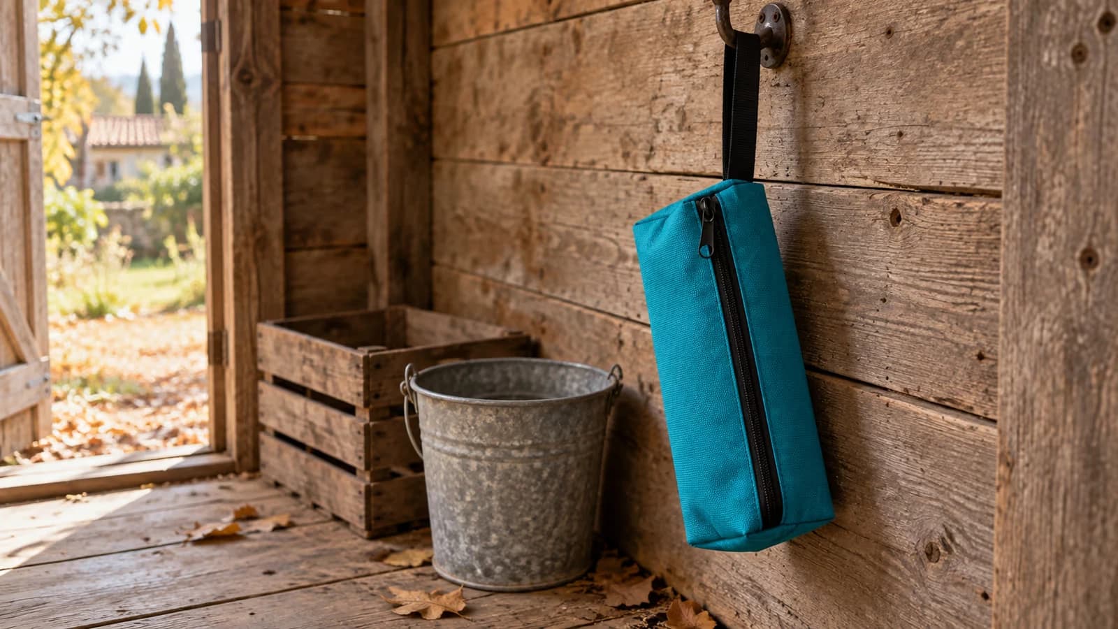 Pochette à outils en toile turquoise suspendue à un crochet, entre un seau et une cagette ajourée posés au sol d'un abri