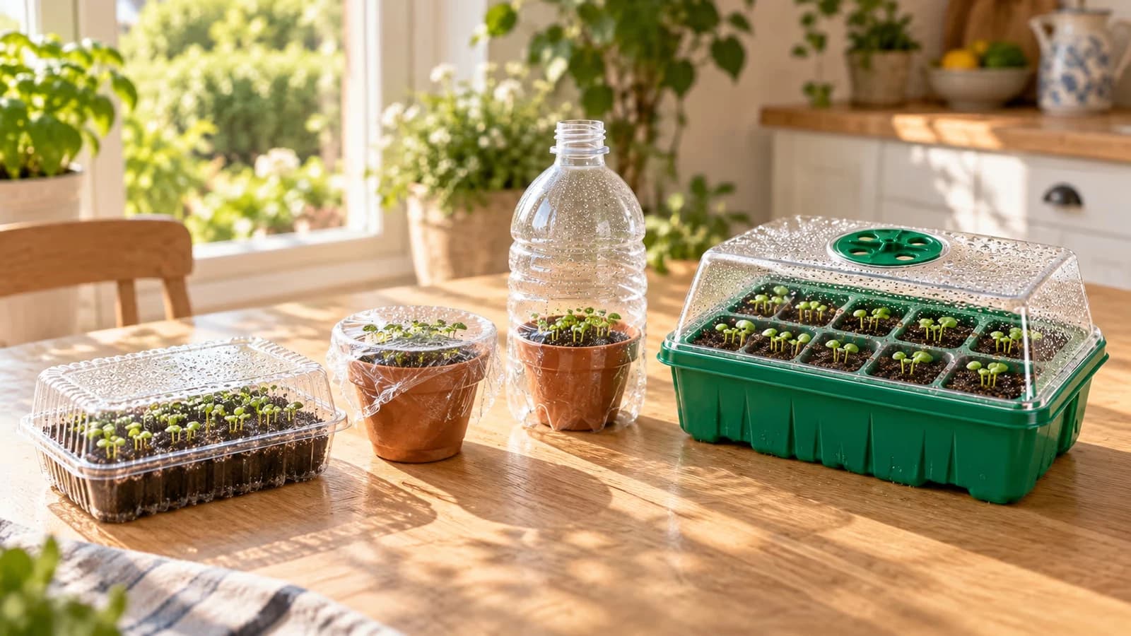 Différents contenants pour semis sur une table : barquette de récupération, pot avec film plastique et mini serre à dôme