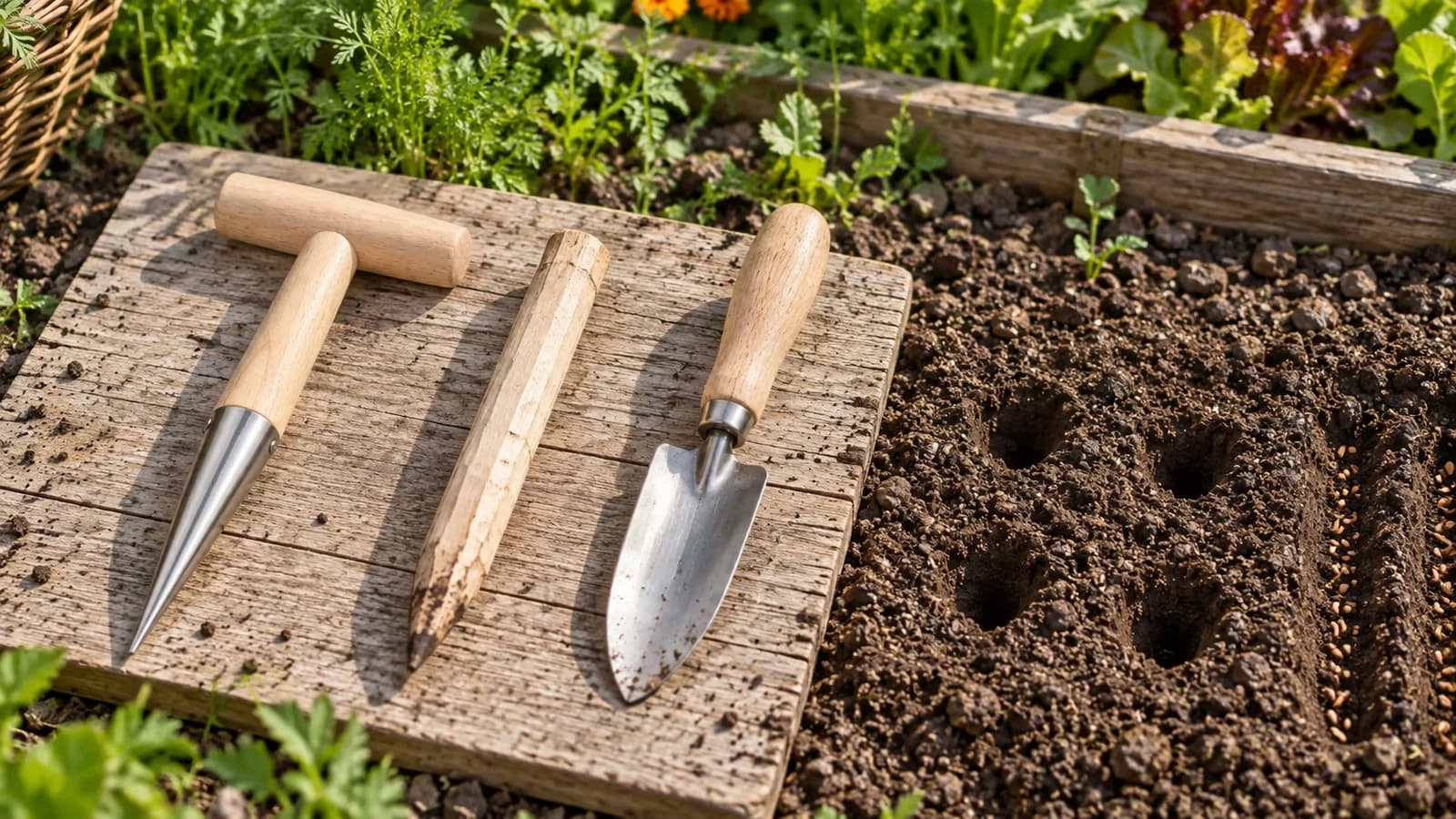 Trois outils à trou posés côte à côte sur une planche de bois clair, un plantoir à pointe, un pieu taillé et une truelle, à côté d'un carré de terre fraîchement ouverte