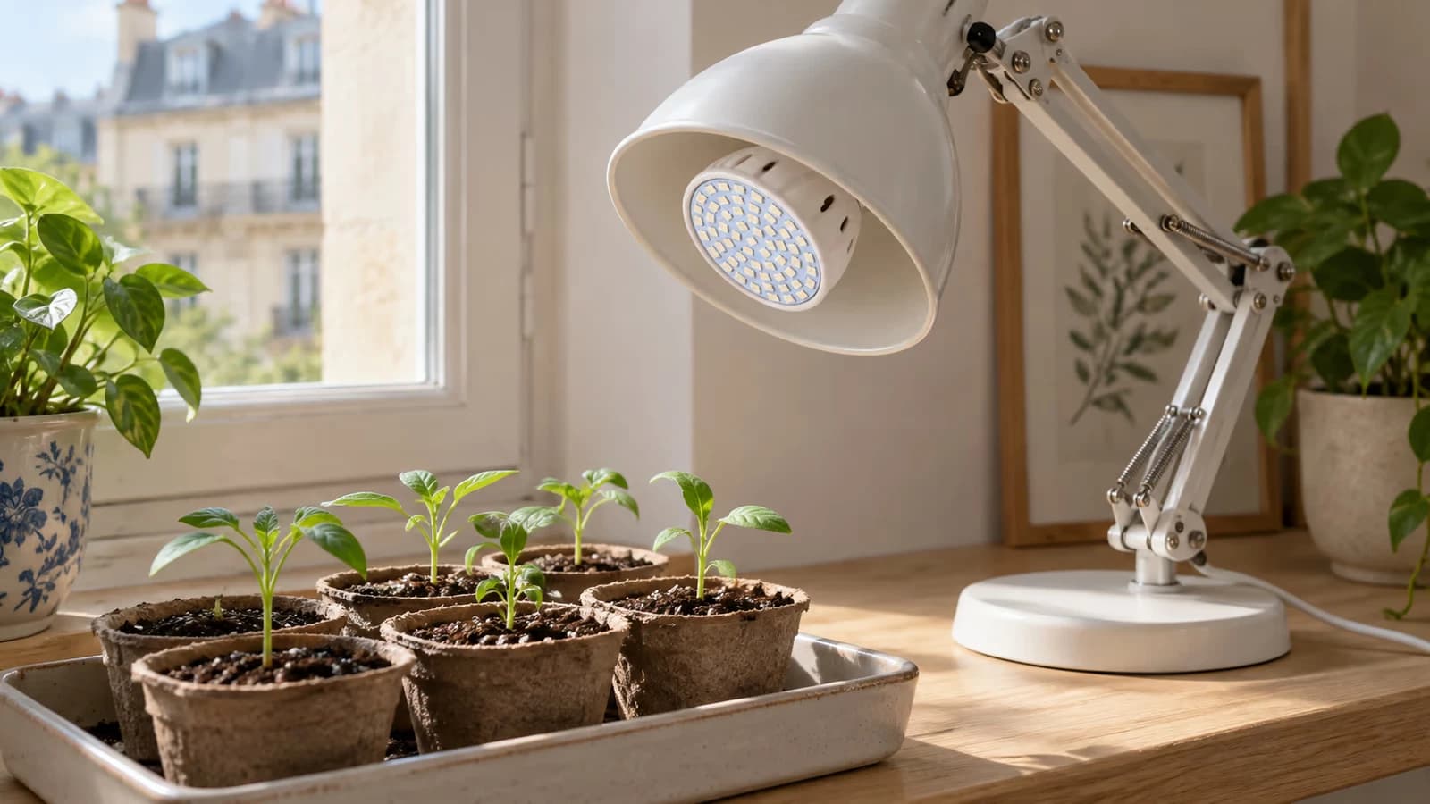 Ampoule horticole vissée dans une lampe articulée et orientée vers un plateau de semis installé près d'une fenêtre