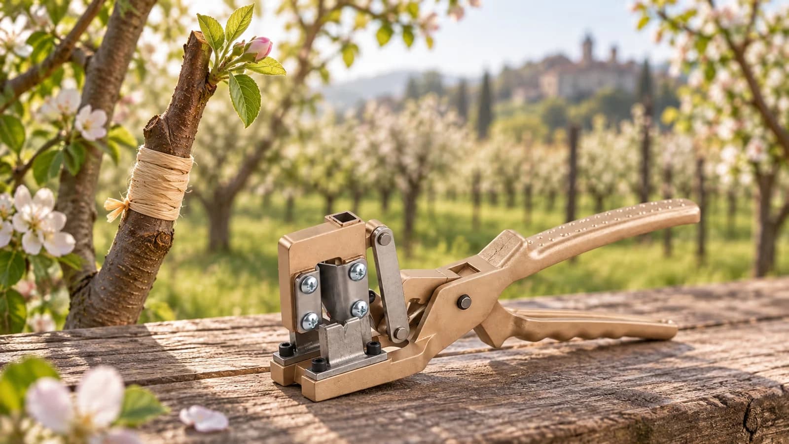 Jeune greffon ligaturé de raphia sur une branche d'arbre fruitier, bourgeon qui débourre, verger au printemps
