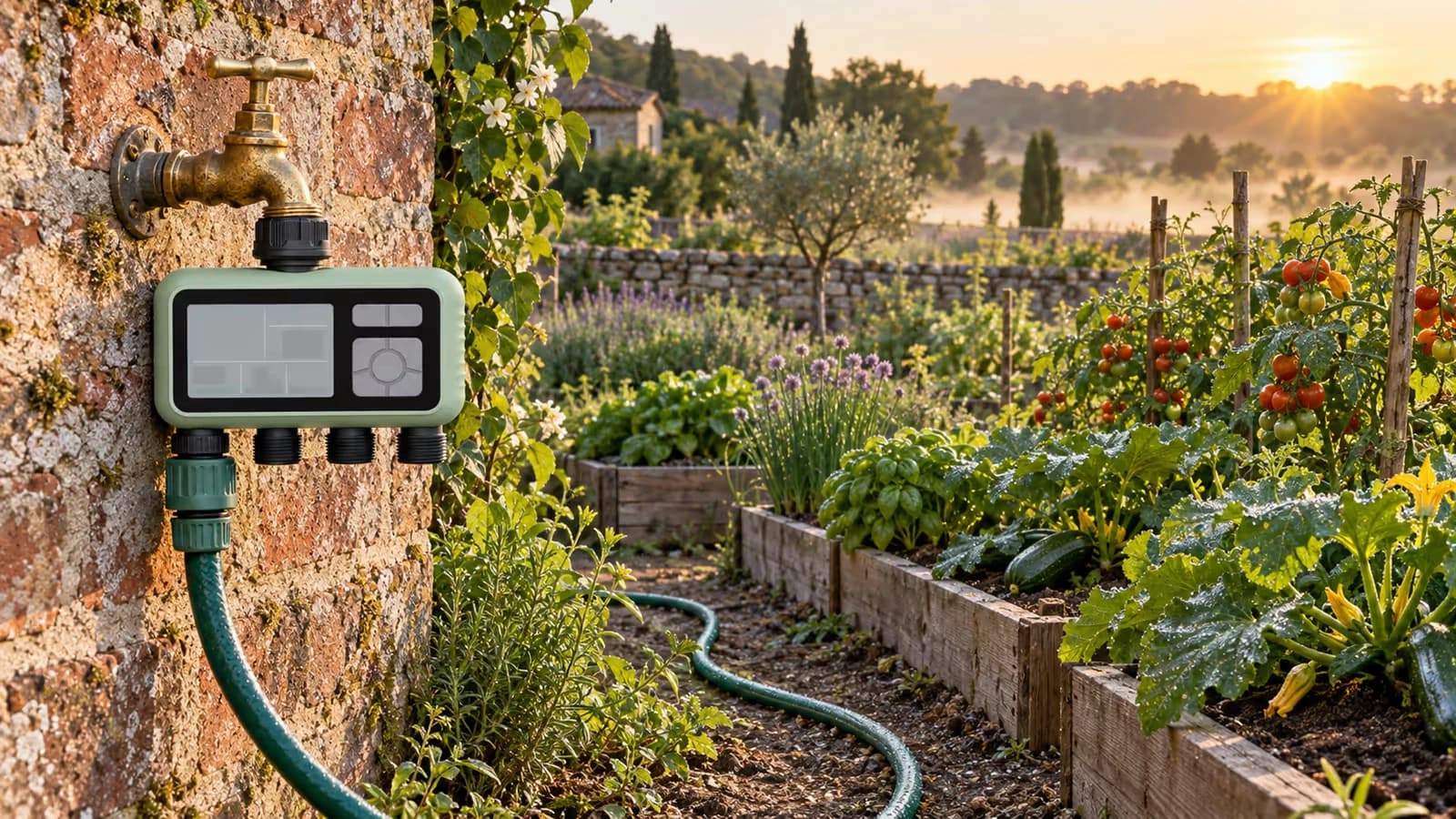 Programmateur d'arrosage vissé sur un robinet en fond de jardin, tuyaux verts partant vers un potager au lever du jour