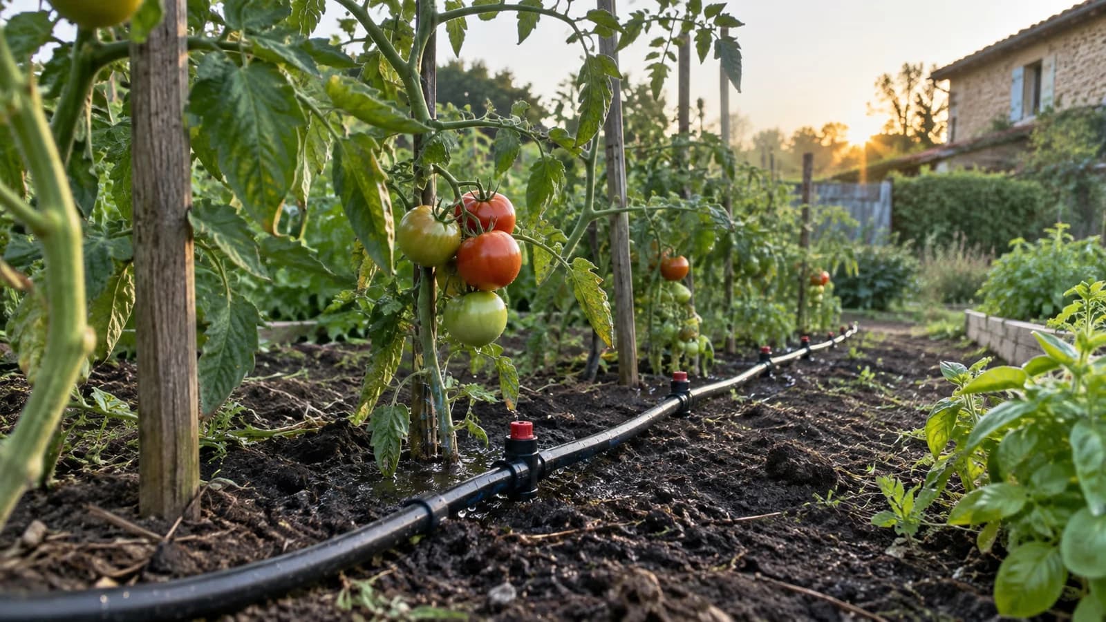 Kit d'arrosage goutte à goutte installé au pied de plants de tomates dans un potager français au lever du jour