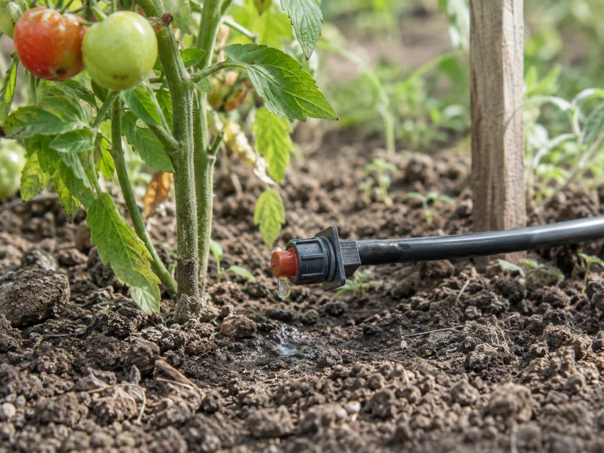Goutteur reglable laissant tomber une goutte d'eau au pied d'un plant de tomate
