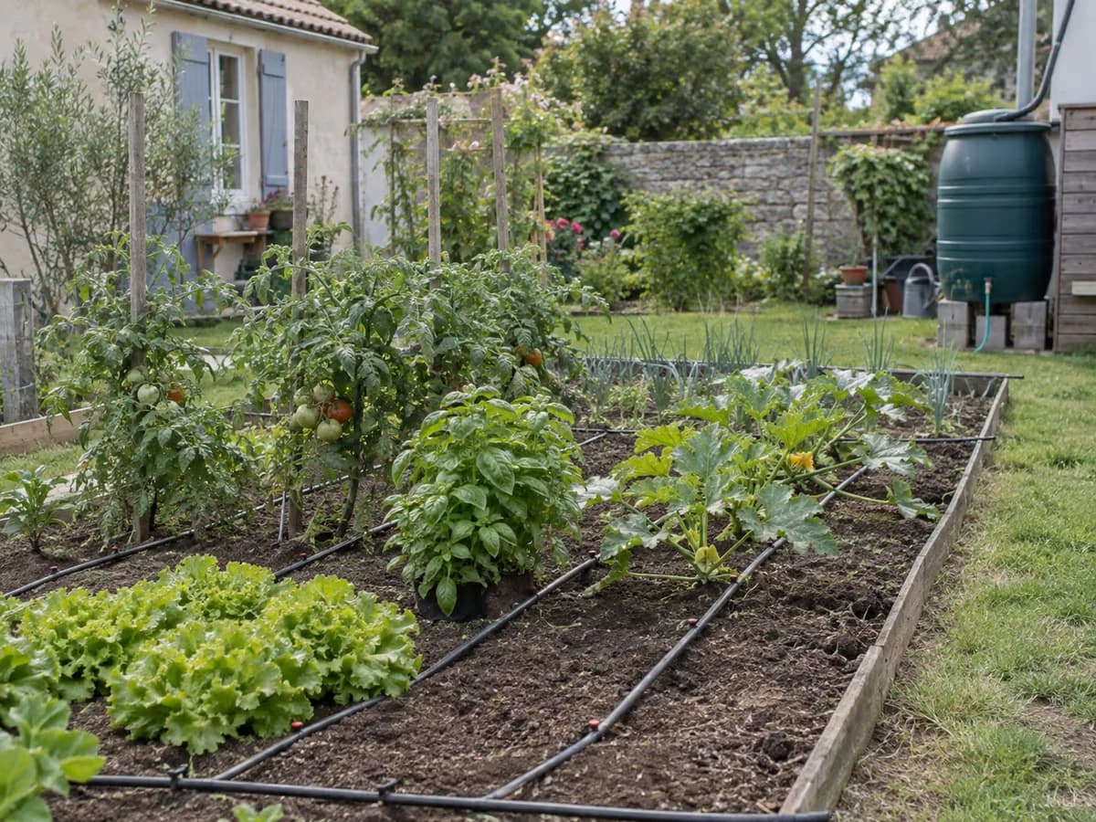 Vue d'ensemble d'un potager familial français equipe d'un système goutte a goutte