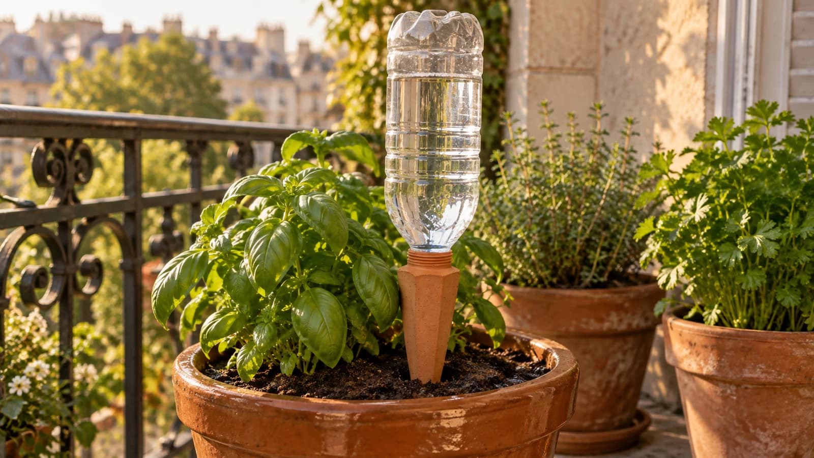 Pique en terre cuite et bouteille d'eau en place dans un pot de basilic sur un balcon, lumière de fin d'après-midi