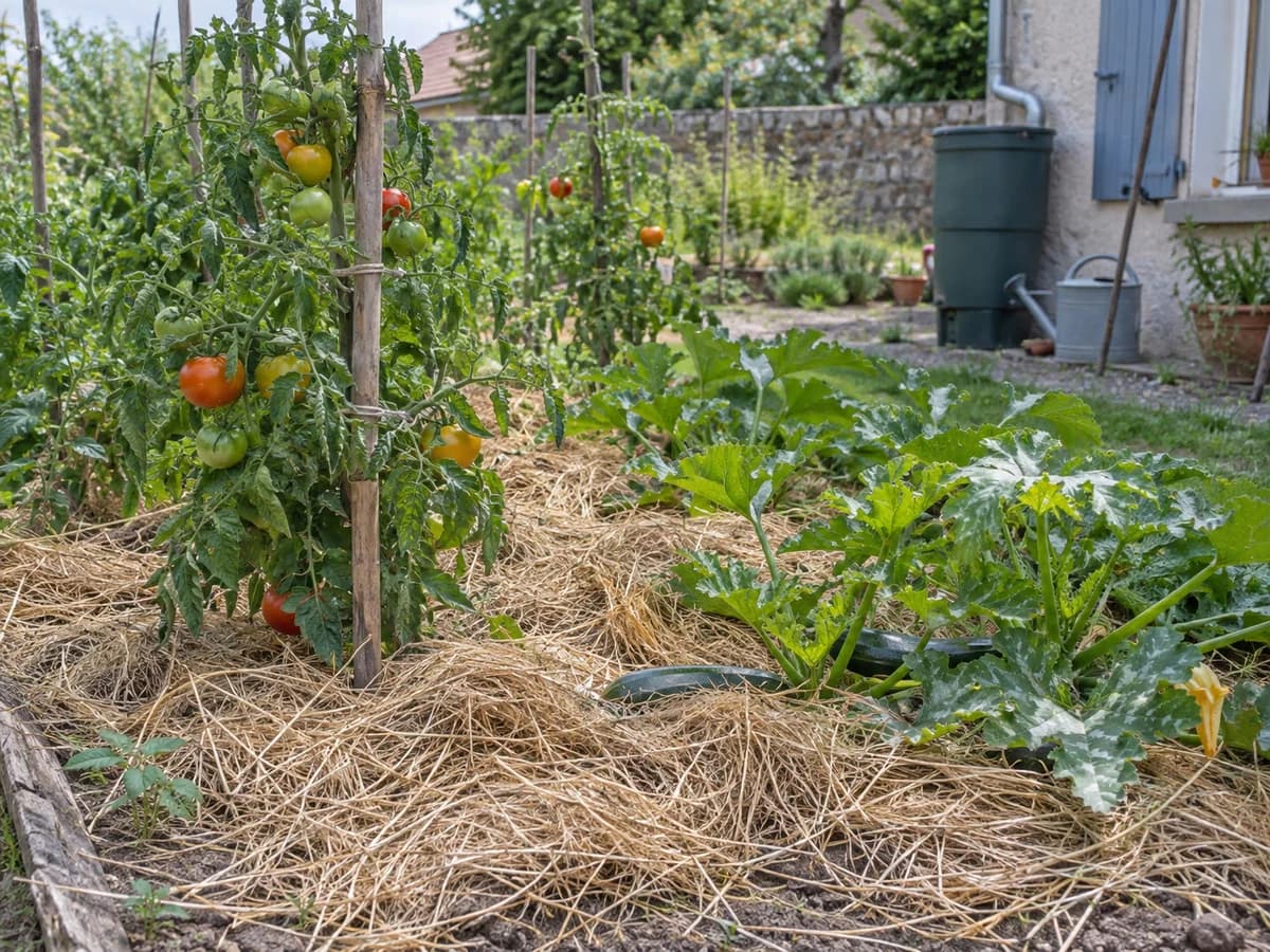 Paillage paille épais de 8 à 10 centimètres sur un potager familial avec tomates et courgettes, prépare avant un depart en vacances