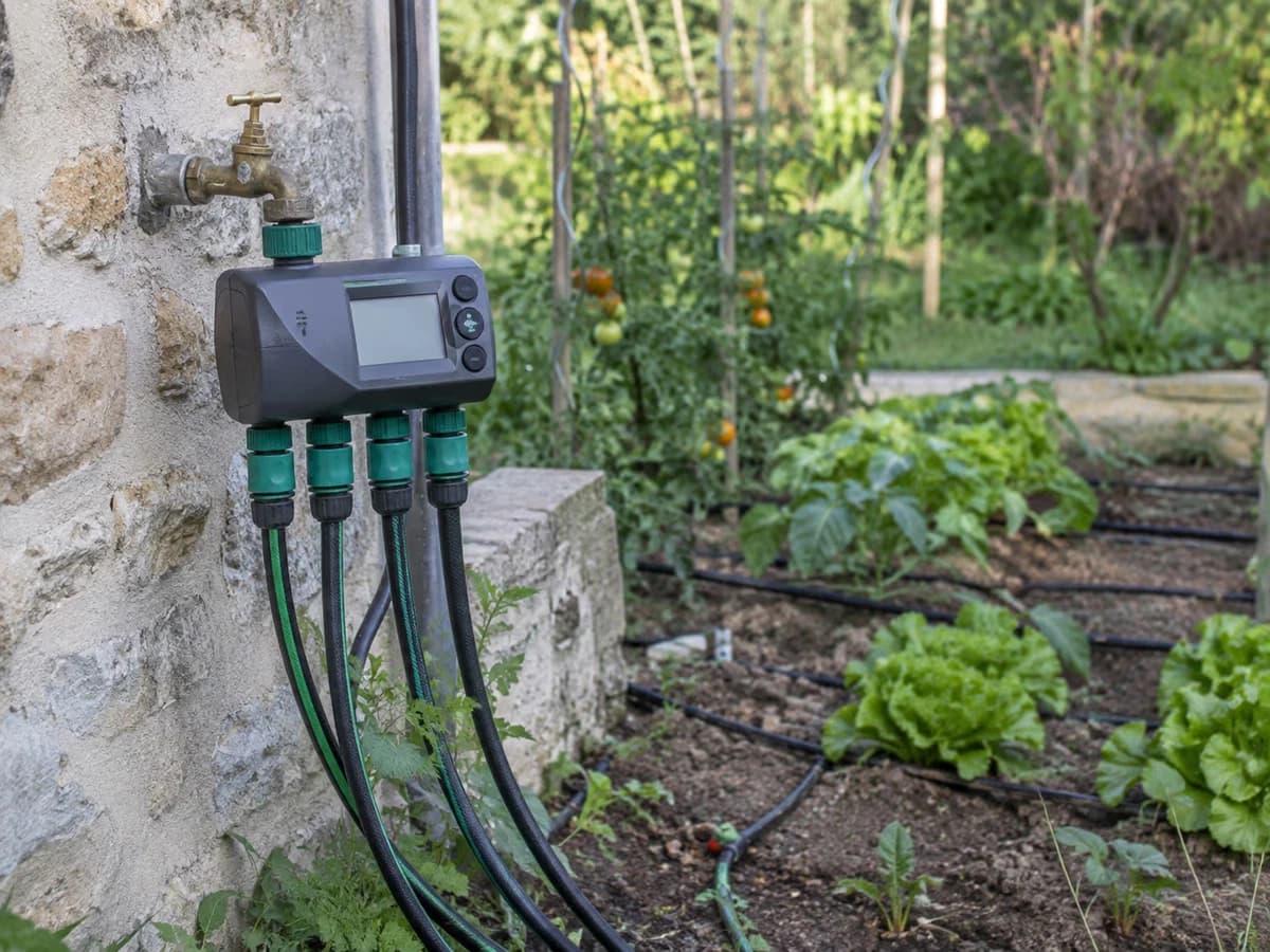 Programmateur d'arrosage 4 zones visse sur un robinet extérieur de jardin, avec tuyaux goutte a goutte partant vers le potager