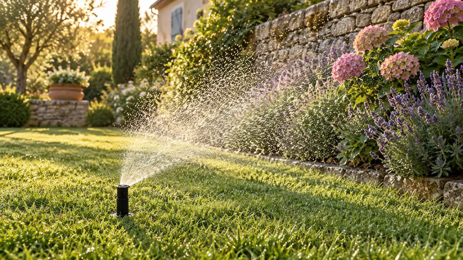 Tête d'arroseur escamotable sortie dans une pelouse tondue, jet en demi-cercle le long d'un mur de jardin