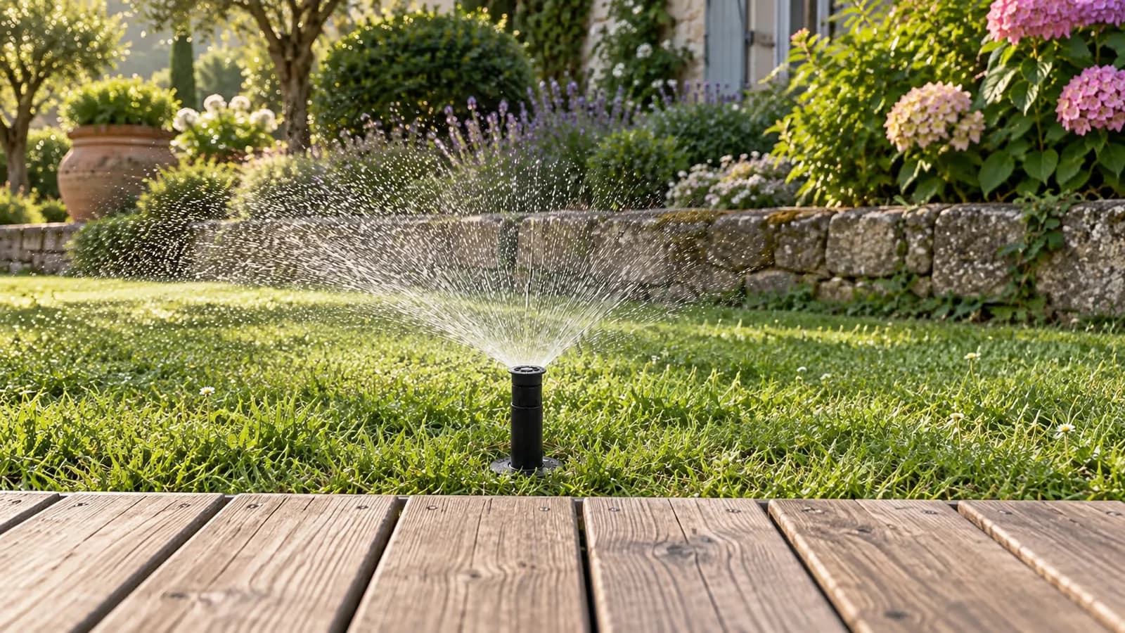 Jet d'arroseur escamotable en demi-cercle sur une pelouse, terrasse en bois sèche au premier plan