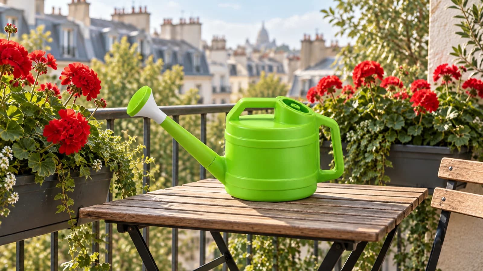 Arrosoir vert de 2,5 L à long bec posé sur une table de balcon entre deux jardinières fleuries