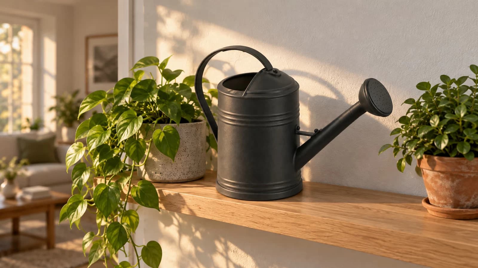 Arrosoir noir à bec long posé sur une étagère en bois, à côté d'un pot de plante verte, lumière basse de fin d'après-midi