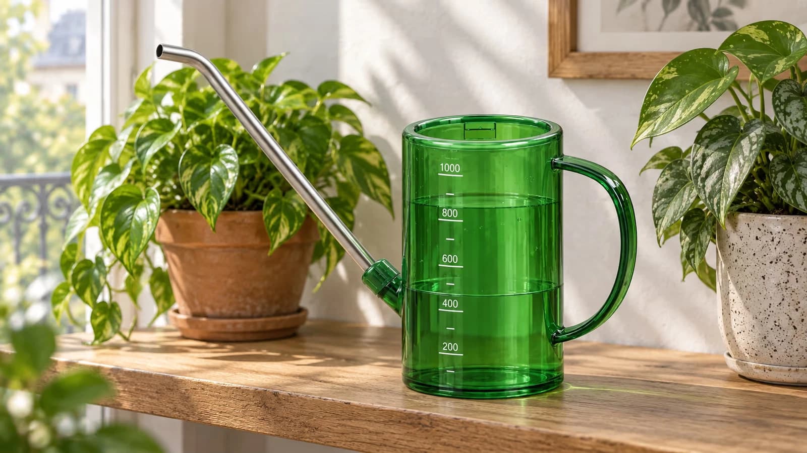Arrosoir vert à long bec inoxydable posé sur une étagère de bois entre deux pots de plantes vertes